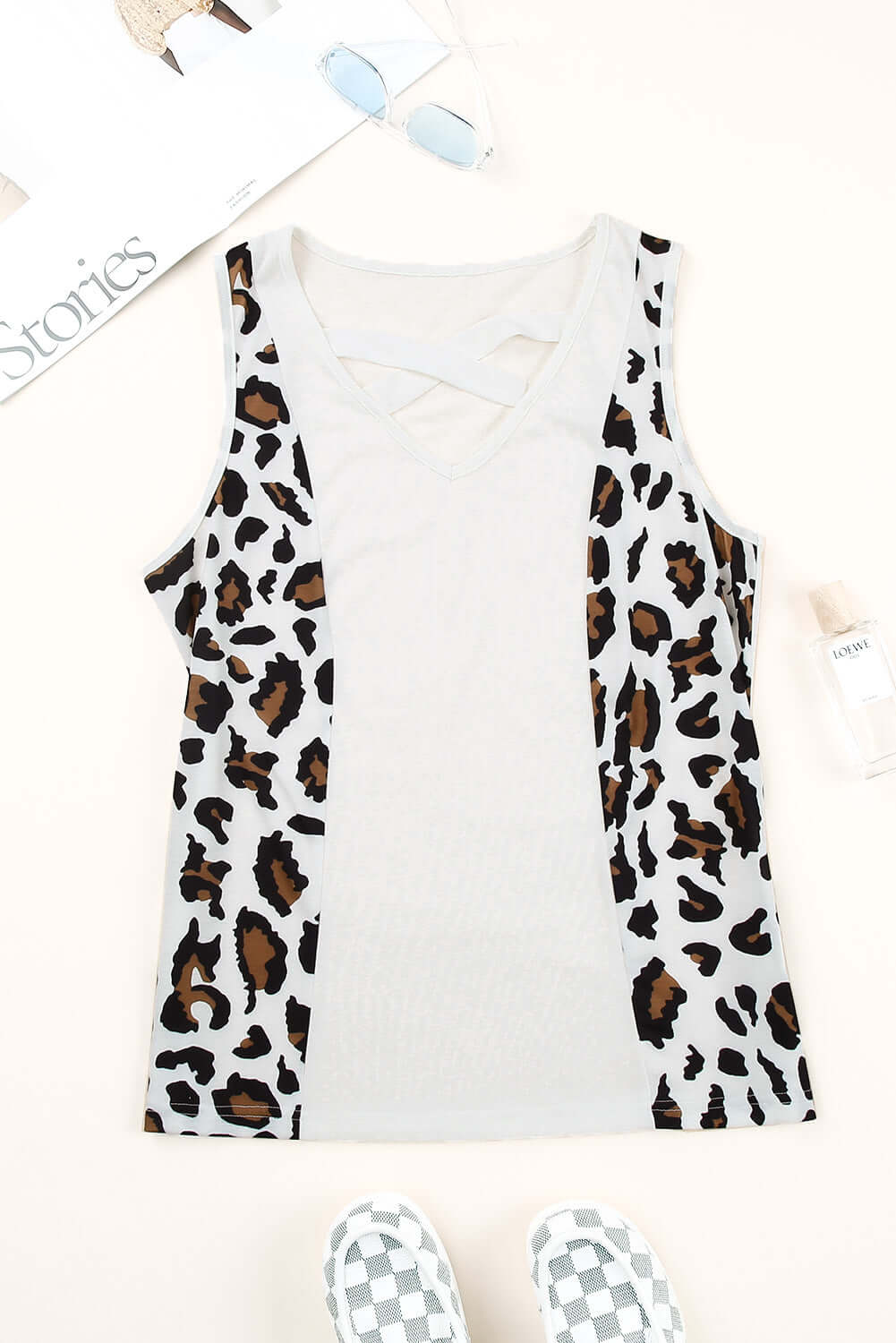 Crisscross Leopard Splicing Tank Top with bold leopard print and stylish crisscross design for a trendy summer look.