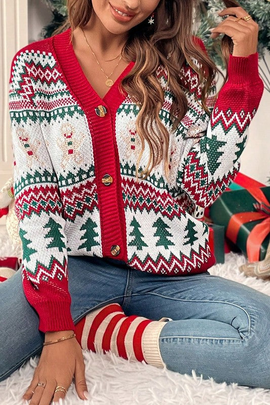Christmas Print Knit Button Down Loose Cardigan