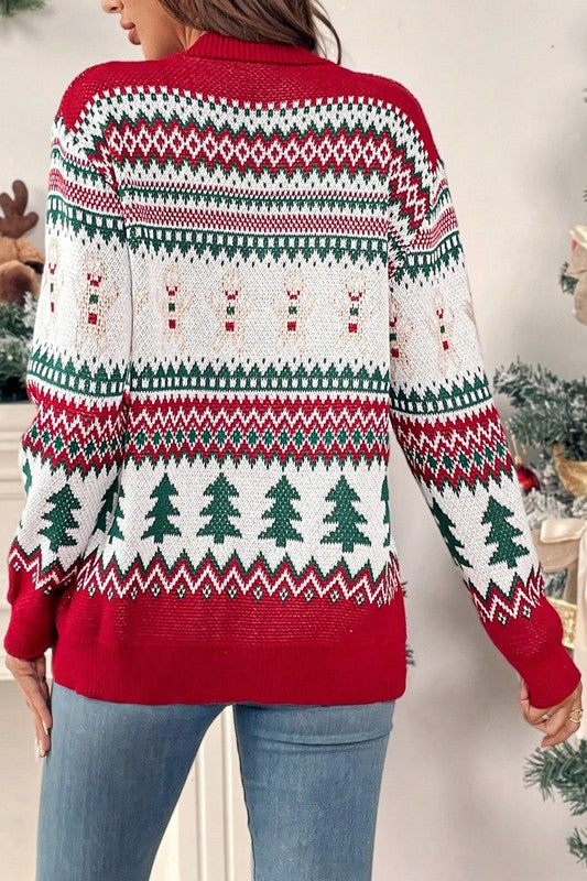Christmas Print Knit Button Down Loose Cardigan