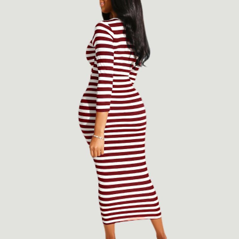 Sexy striped midi bodycon dress for women, perfect for autumn and winter, showcasing bold fashion risk-taking.