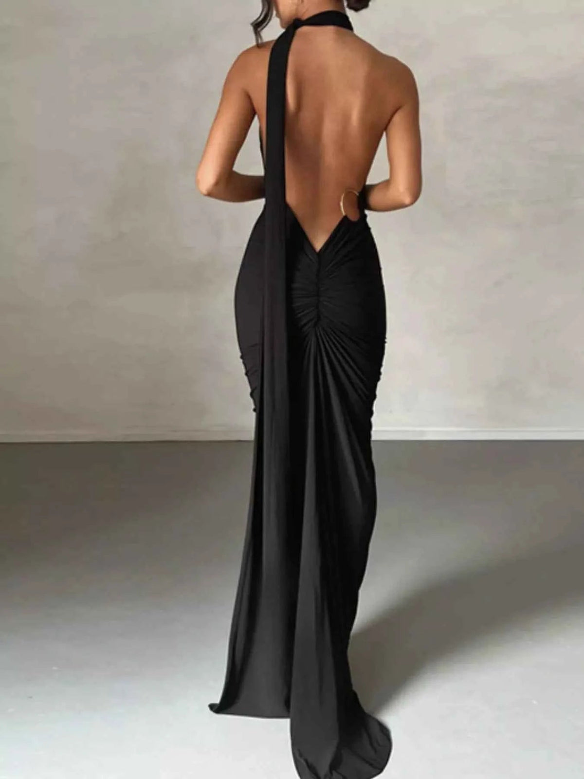 Backless halter ruched bodycon maxi dress, view 13