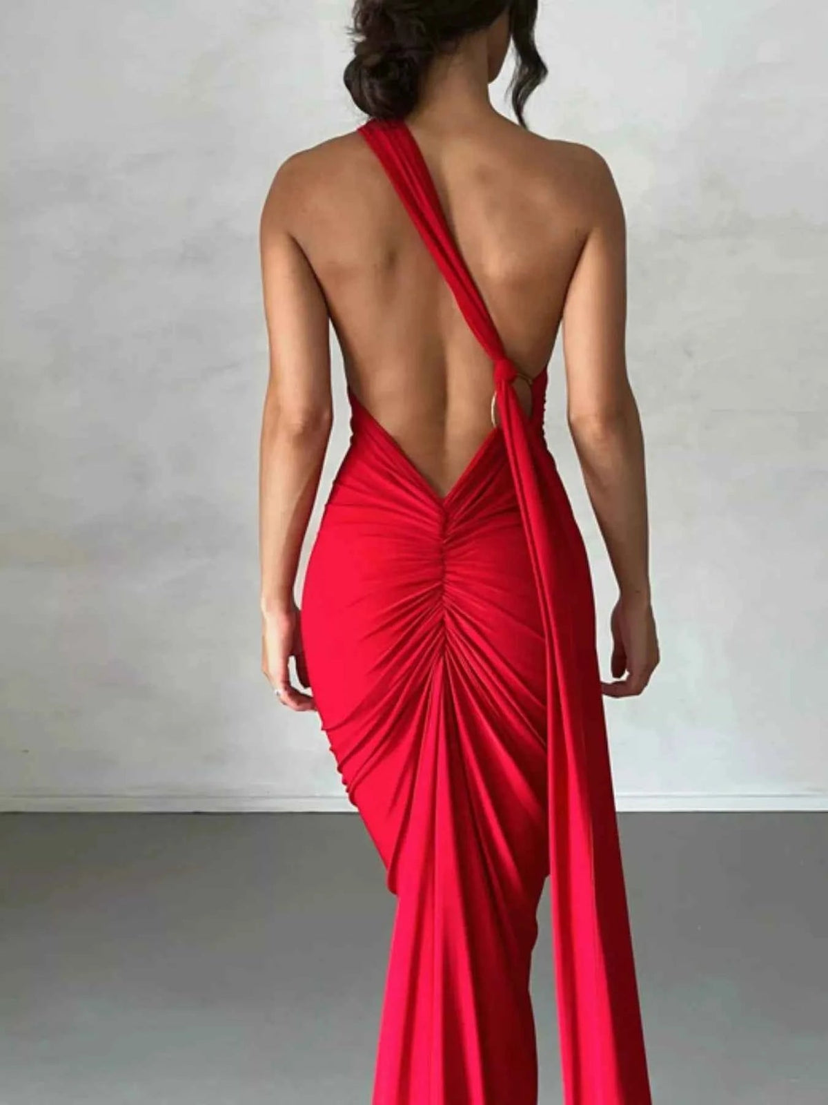 Backless halter ruched bodycon maxi dress, view 10