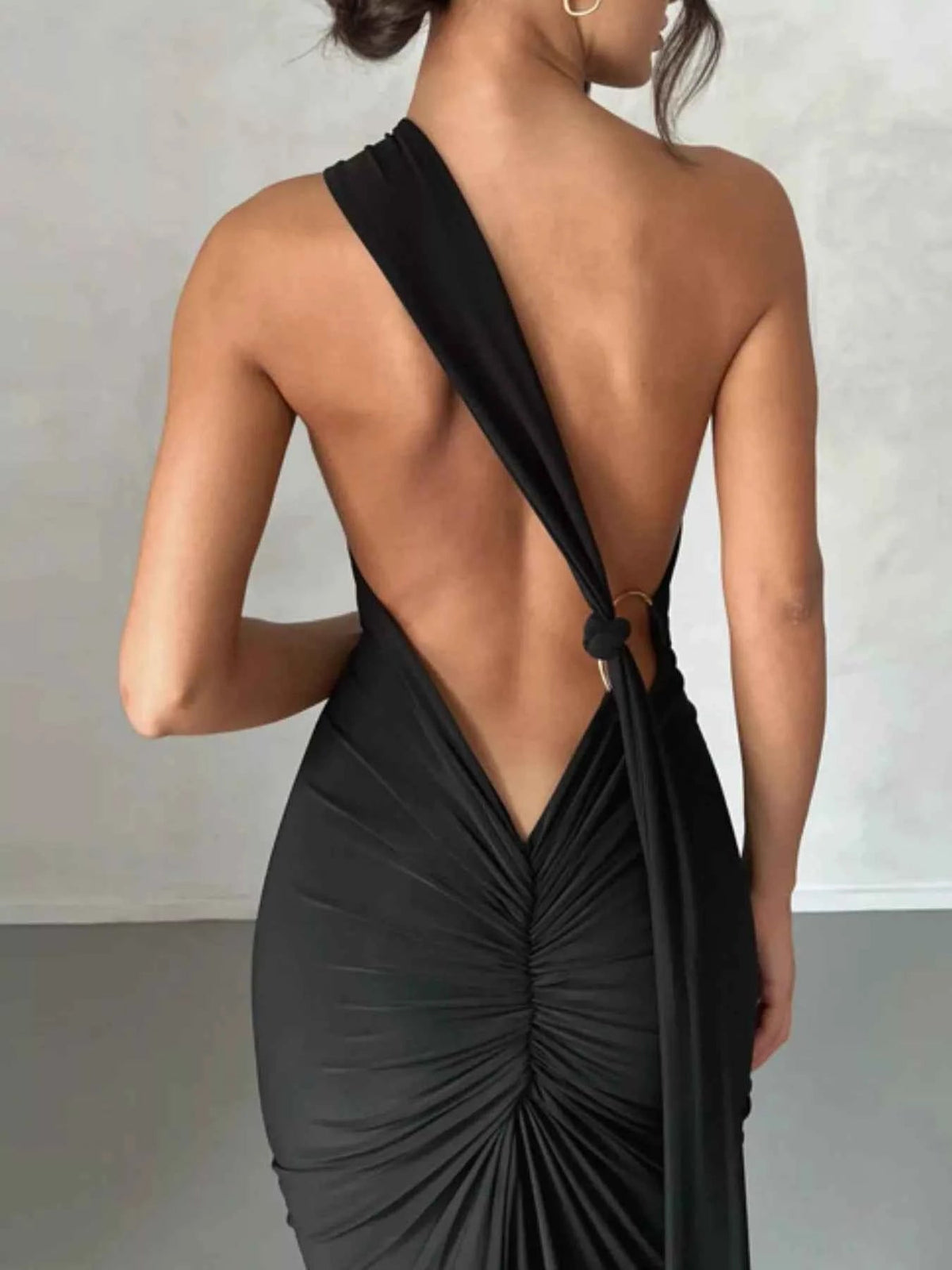 Backless halter ruched bodycon maxi dress, view 14
