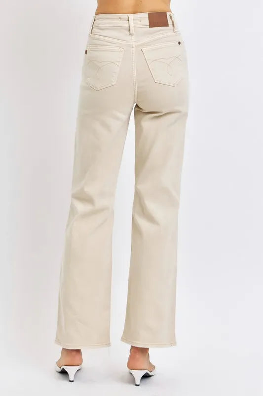 Judy Blue distressed wide leg jeans in bone, view 3
