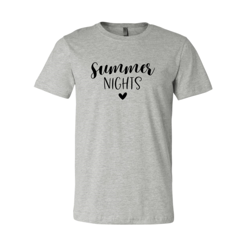 Light gray unisex Summer Nights T-Shirt featuring stylish font, perfect for warm summer evenings.