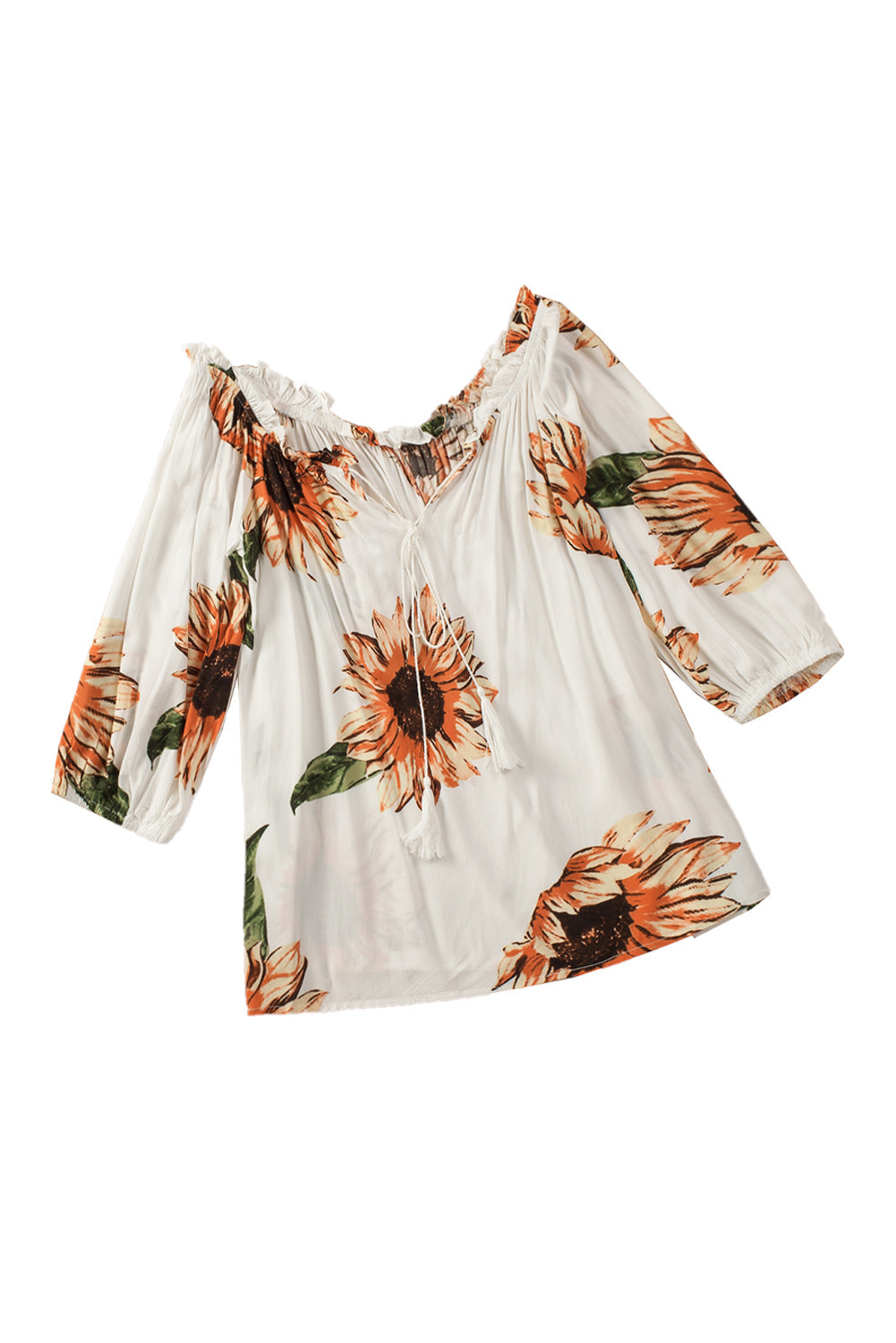 Floral ruffled off shoulder blouse with sunflowers and tassel ties, adding playful femininity to any outfit.