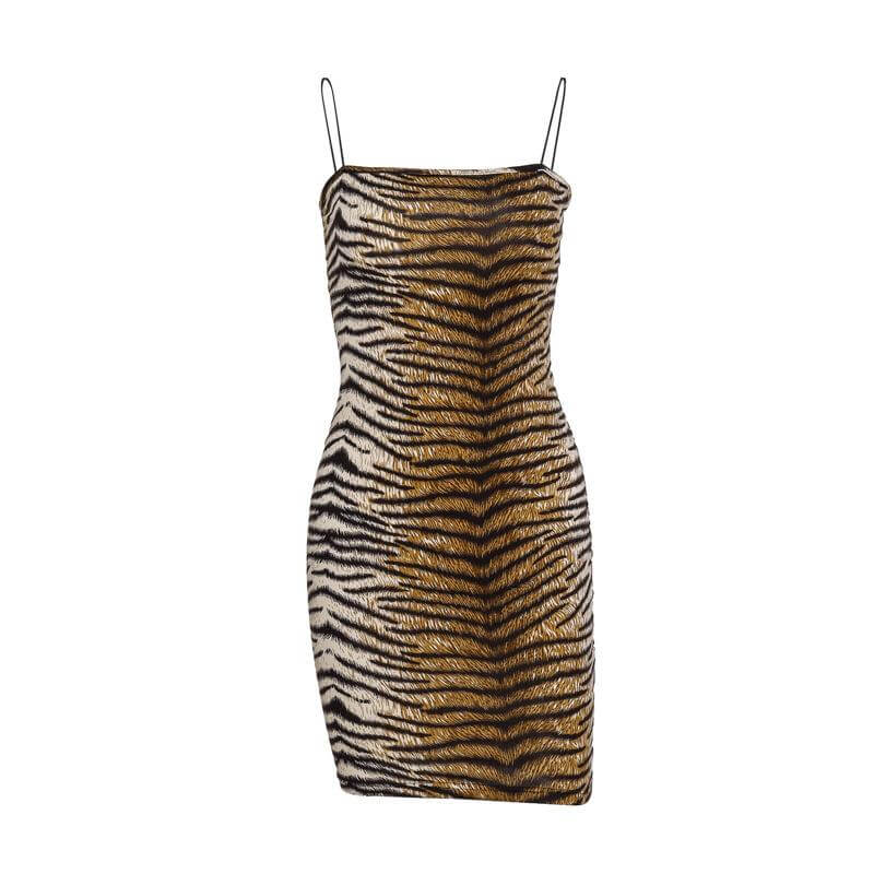 Fierce animal print mini bodycon dress in tiger stripes, perfect for winter parties and making a bold statement.