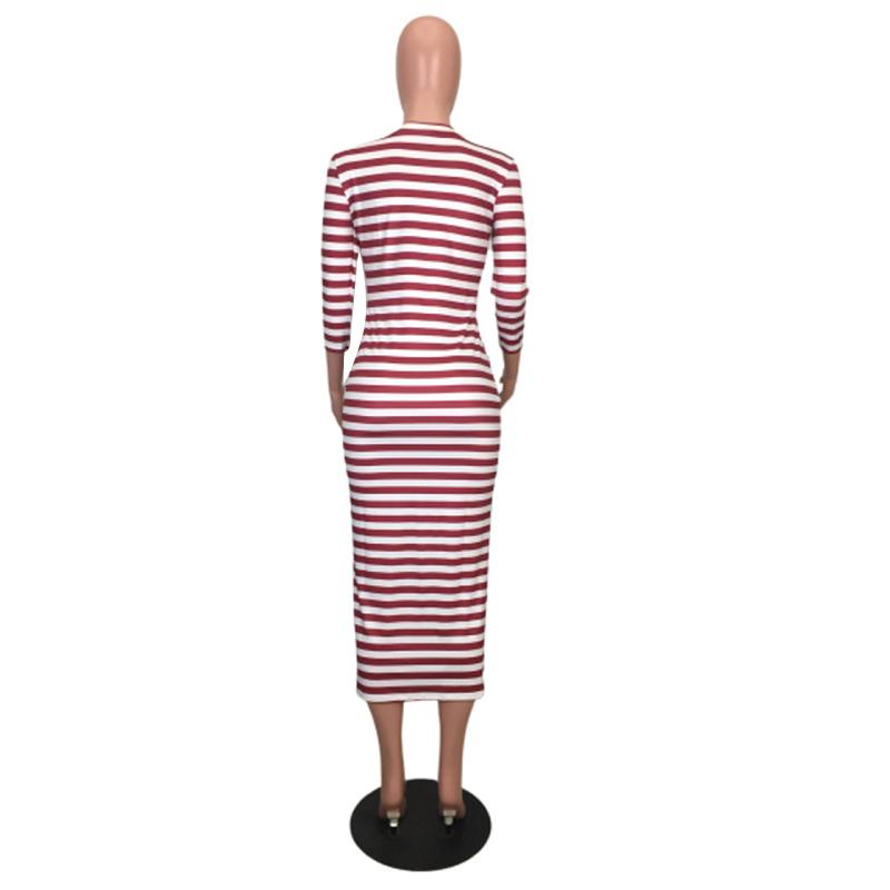 Back view of a sexy striped midi bodycon dress for women, perfect for autumn and winter fashion.