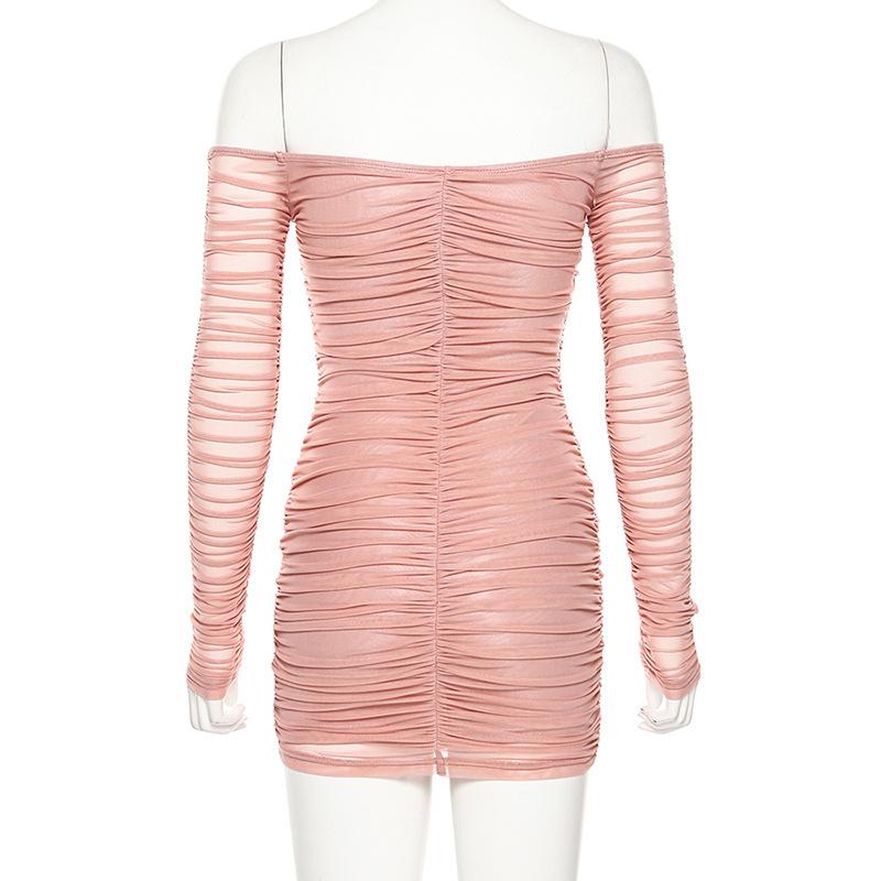 Pink off shoulder v neck bodycon mini dress Long sleeve