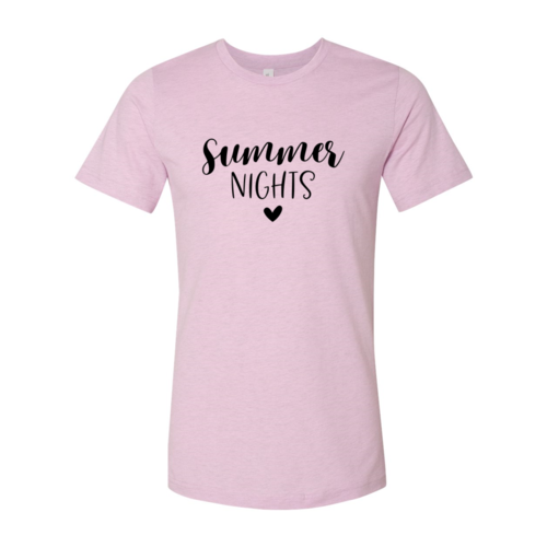 Light pink Summer Nights T-Shirt featuring stylish text design, ideal for warm summer evenings and casual outings.