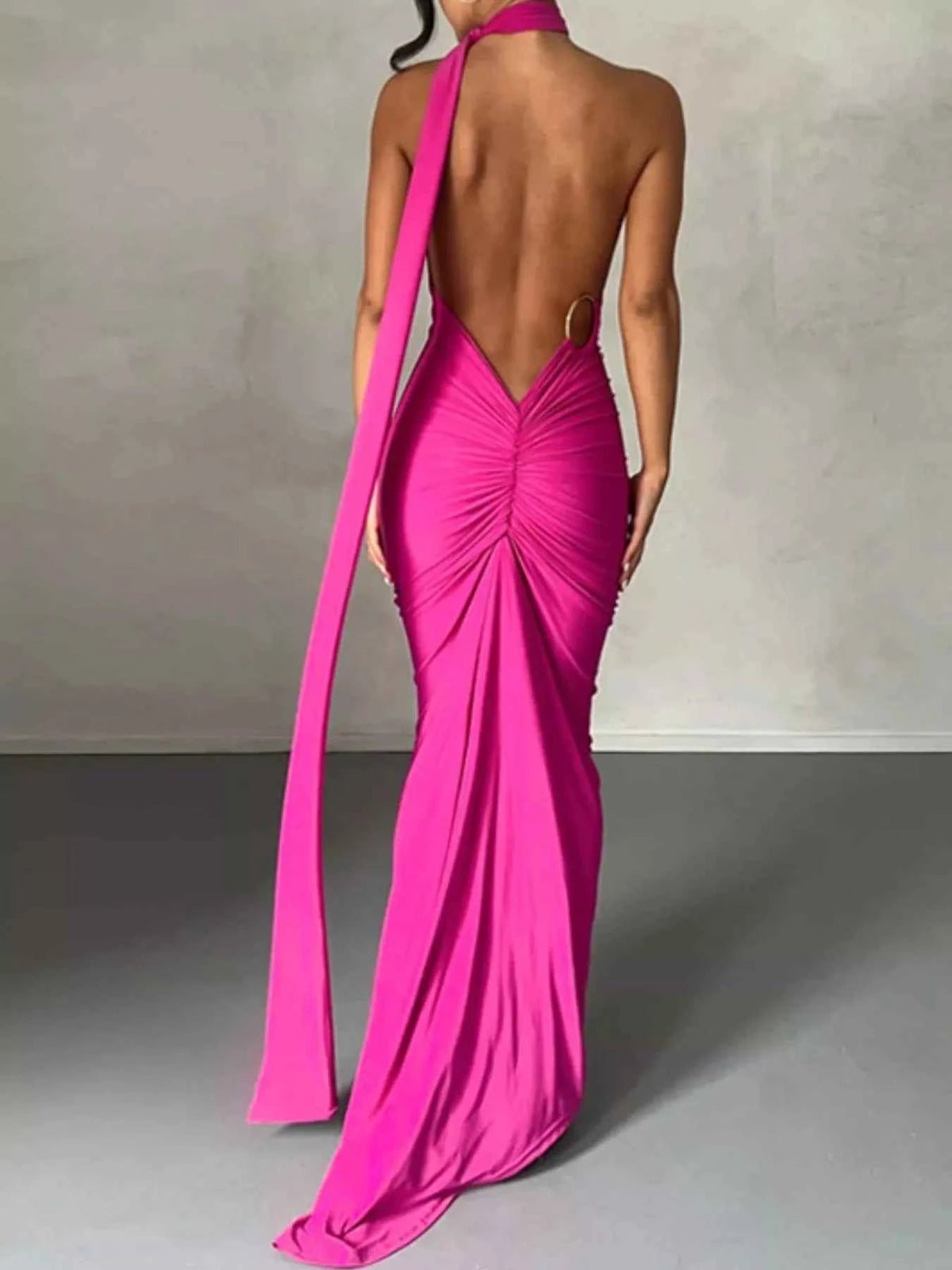 Backless halter ruched bodycon maxi dress, view 5