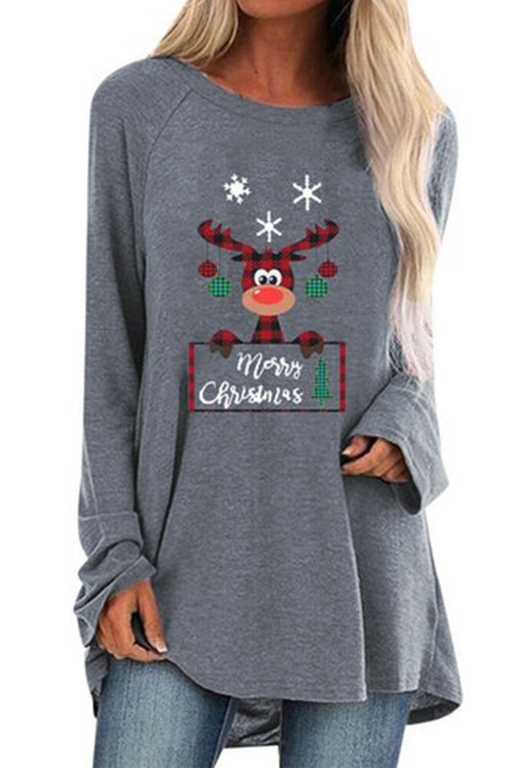 Crew Neck Elk Print Christmas Tunic Top