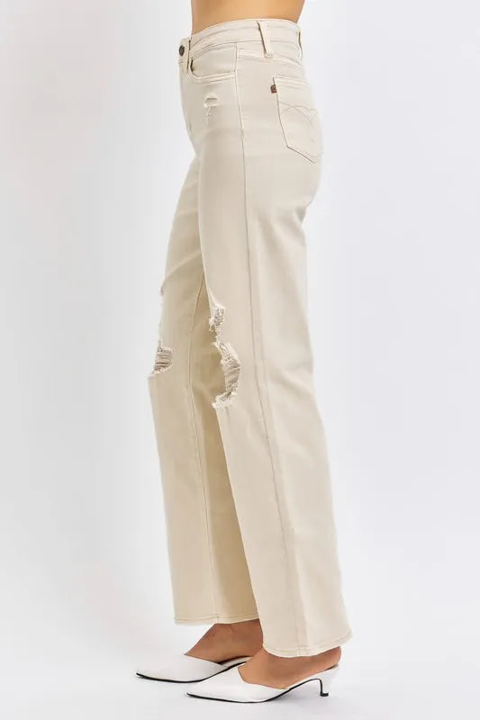Judy Blue distressed wide leg jeans in bone, view 2