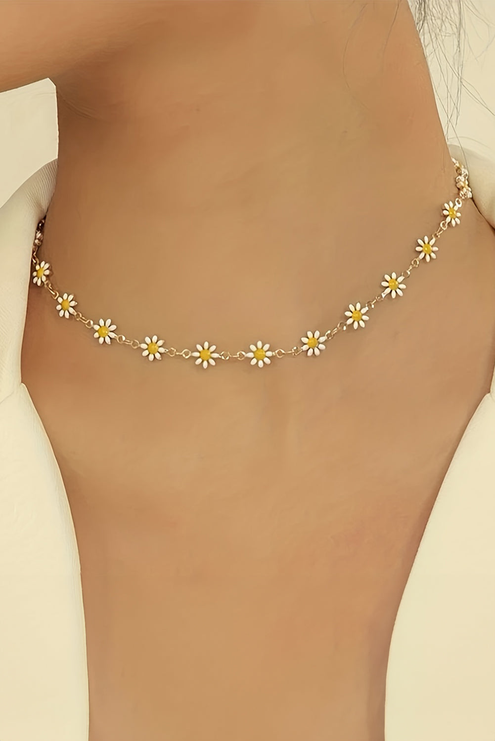 Gold daisy flower chain choker necklace, view 2