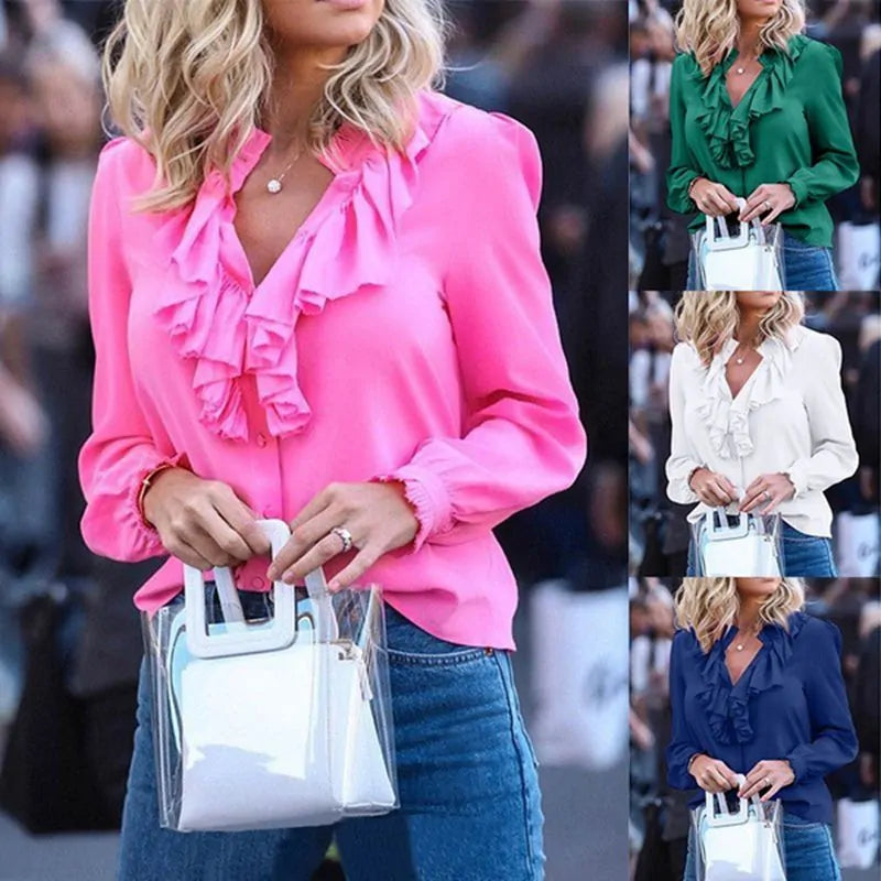 Spring Chiffon Blouses - Long Sleeve V-neck Ruffle Office Casual Tops (Plus Size)