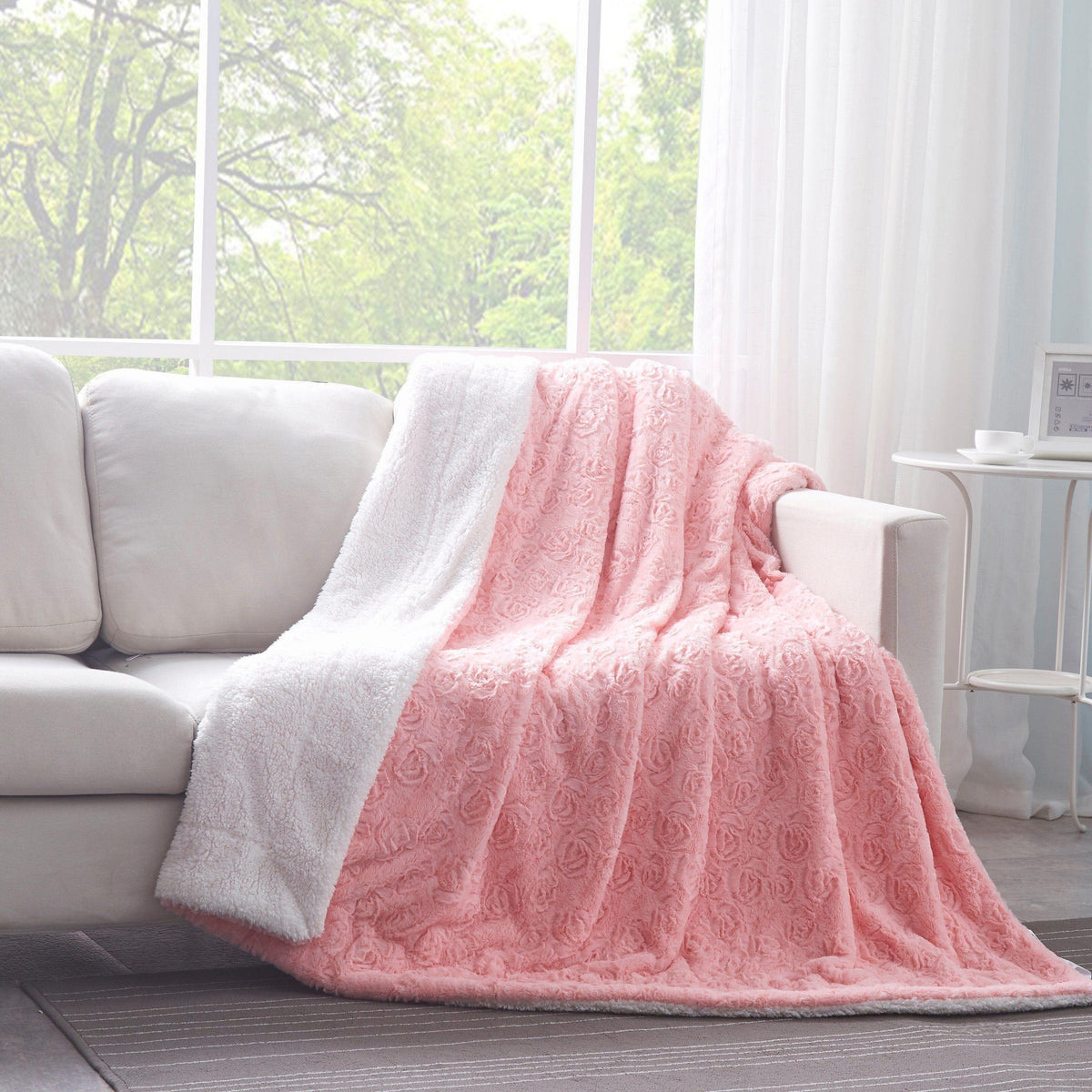 Pink Faux Fur Throw Blanket with Sherpa Back – Rose Bud Texture