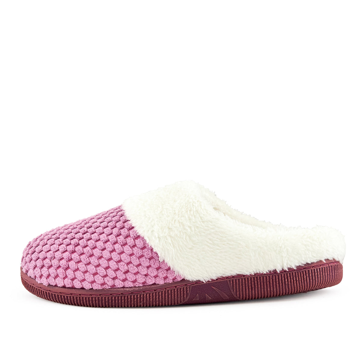 Lilac knit slippers with faux fur cuff, side view