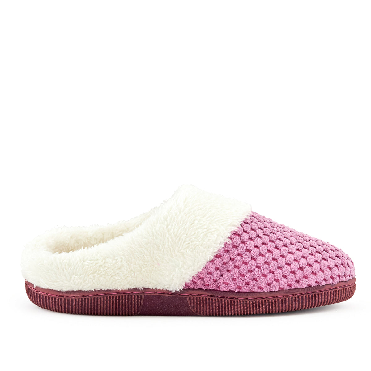 Lilac knit slippers with faux fur cuff, top view