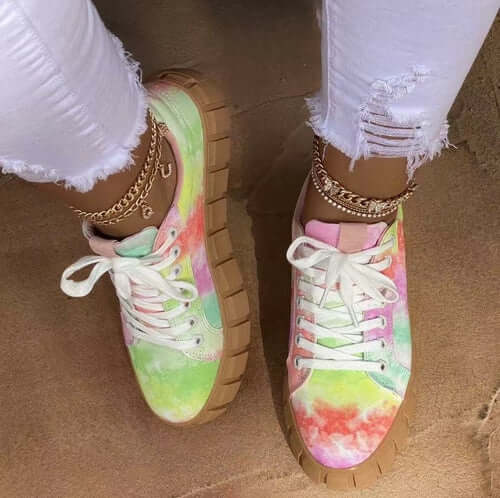Colorful tie-dye Pinterest women sneakers with platform sole and classic lace-up detail.