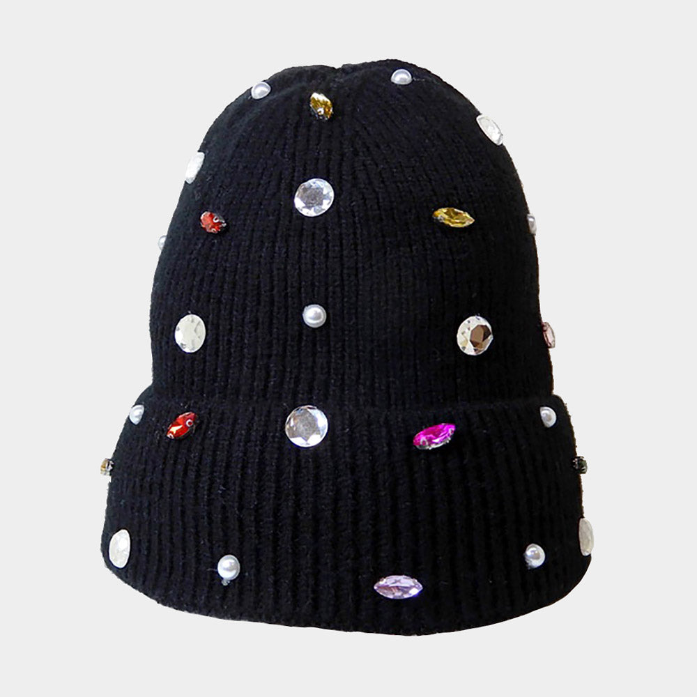 Women's pearl embellished fleece-lined knit beanie
