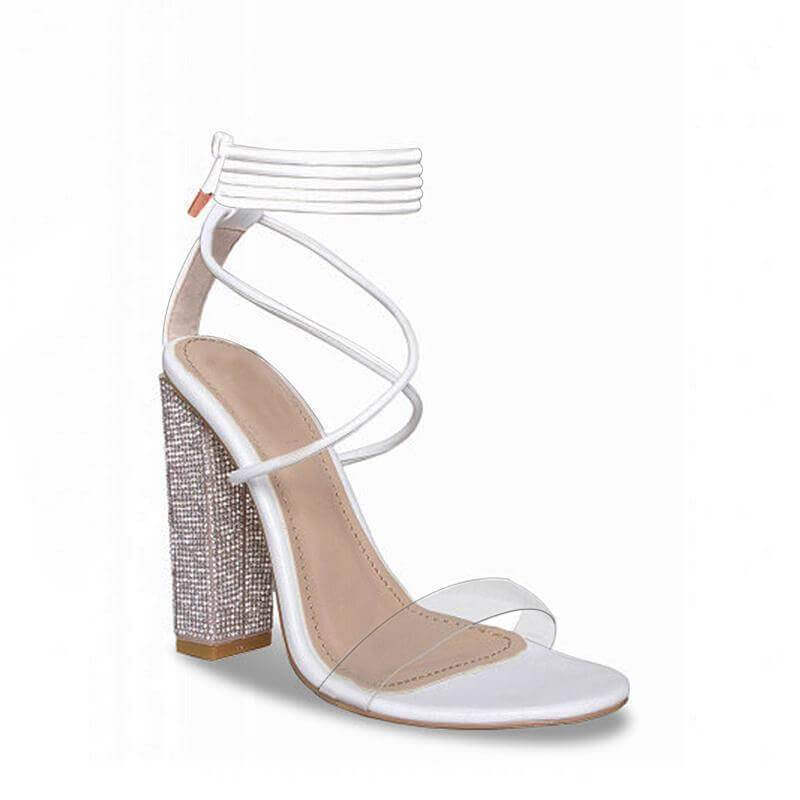 White transparent belt thick-heeled high-heeled sandals with open-toe design for stylish comfort.