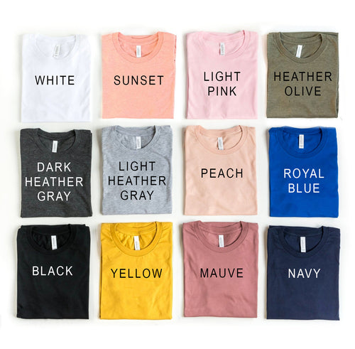 Colorful assortment of T-shirts featuring names like White, Sunset, and Navy for trendy fashion choices.