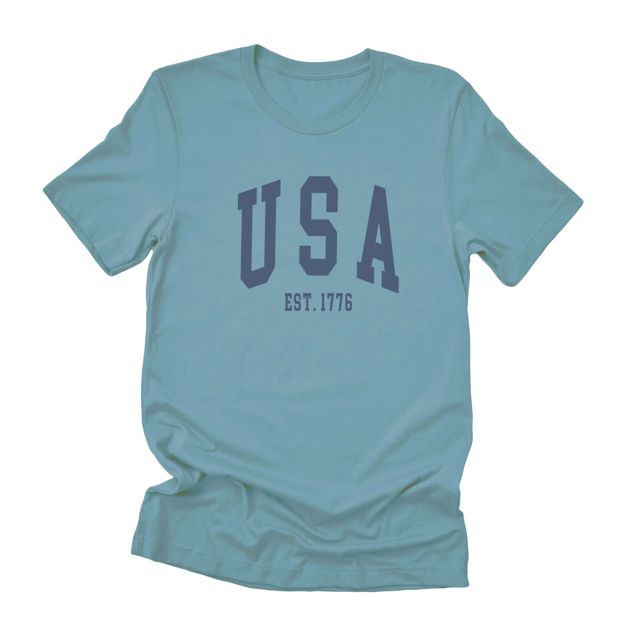 USA Est 1776 short sleeve t-shirt in blue, featuring a relaxed fit and distressed design for a casual look.