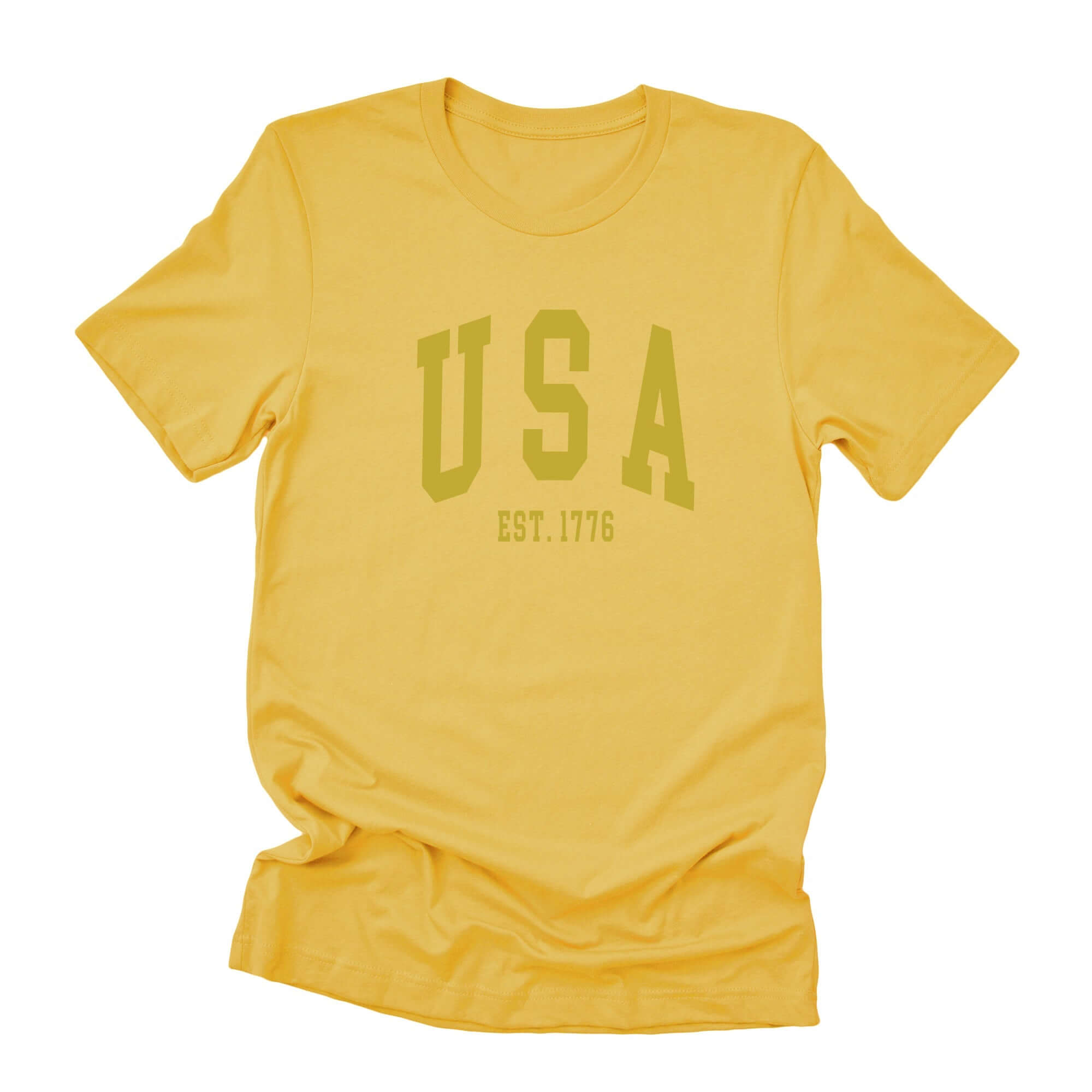 USA Est 1776 yellow short sleeve t-shirt, relaxed fit, soft cotton, distressed design, unisex style
