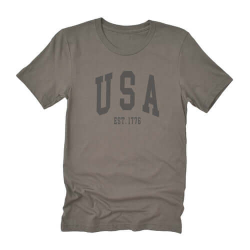 USA Est 1776 short sleeve t-shirt in soft cotton, relaxed fit, unisex design, distressed print.