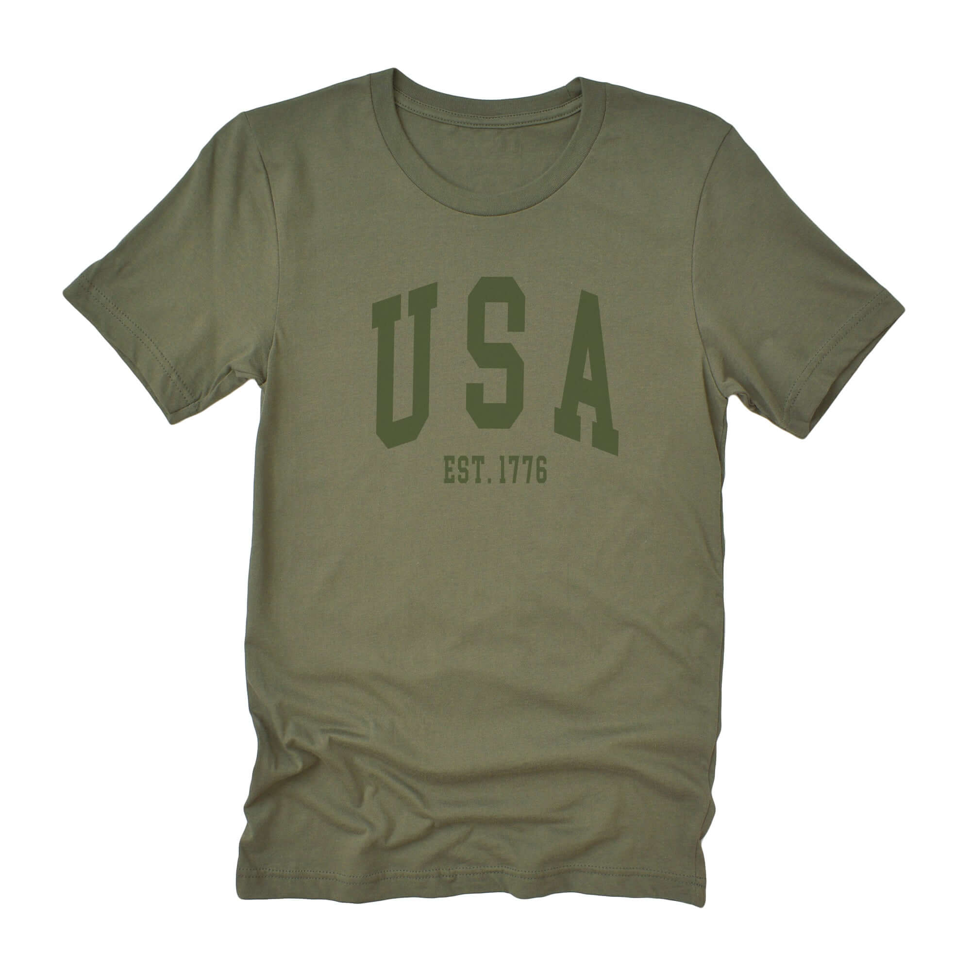 USA Est 1776 short sleeve t-shirt in olive green, unisex relaxed fit, soft combed cotton for casual style.