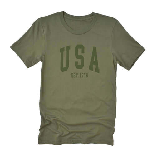 USA Est 1776 short sleeve t-shirt in olive green, soft relaxed fit, distressed design, unisex sizing.