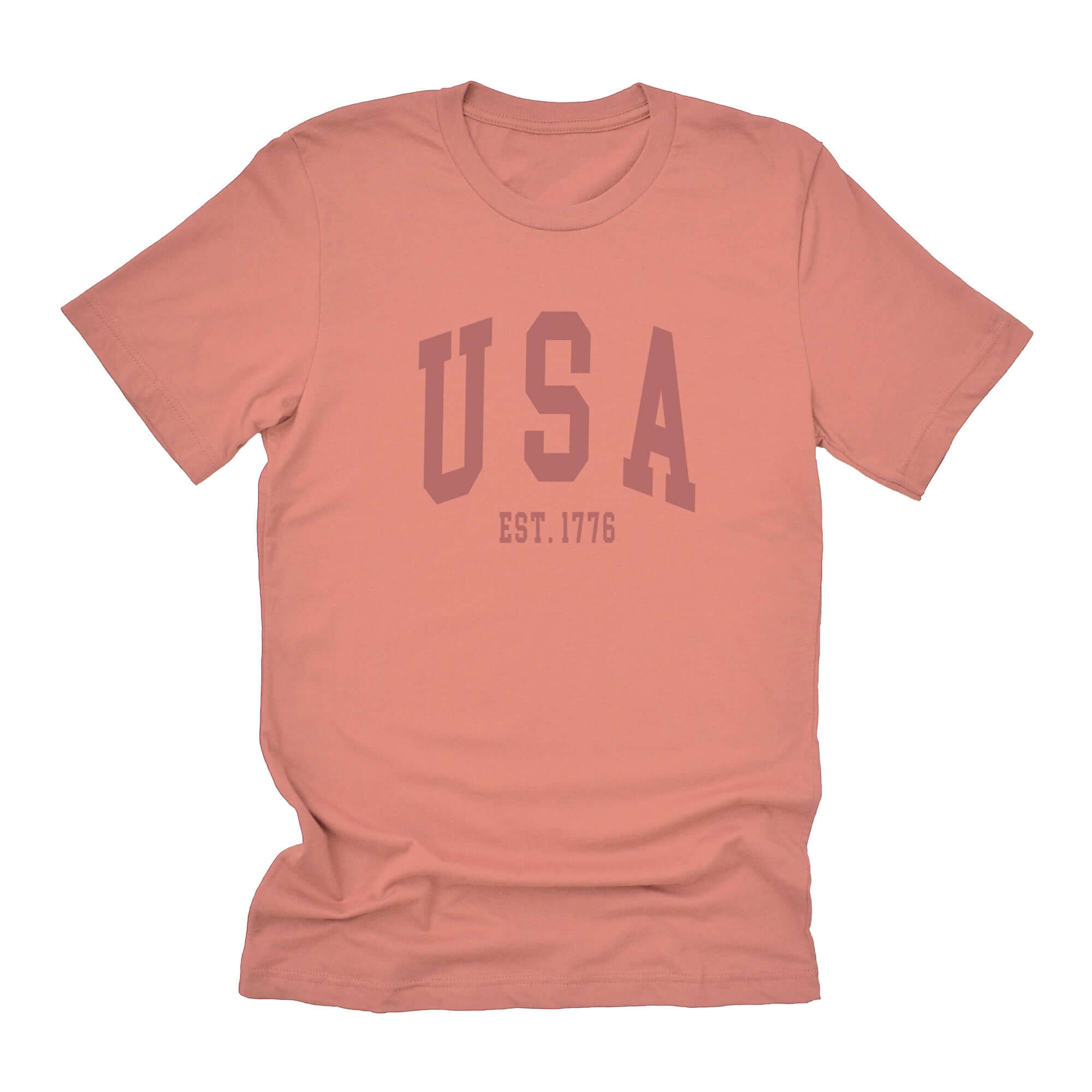 Soft USA Est 1776 short sleeve t-shirt in coral with relaxed fit, perfect for casual wear.