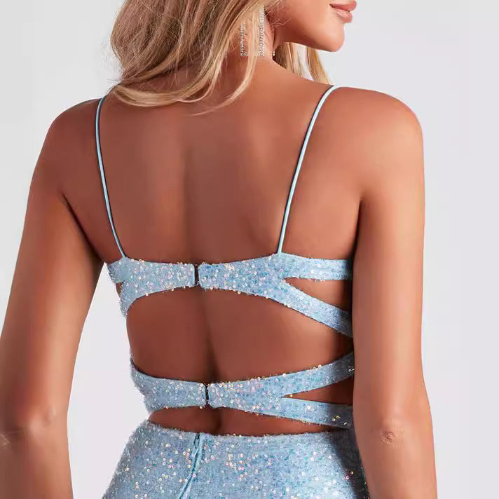 Flashing Sequin Sling Mini Dress Sexy Hip Bag Slim Fit Backless Tube Top