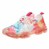 Colorful mesh running sneakers with lace-up design and transparent sole for women.