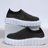 Trendy 2022 Bling Bling Female Mesh Platform Vulcanized Shoes with bold white sole and stylish black mesh upper.