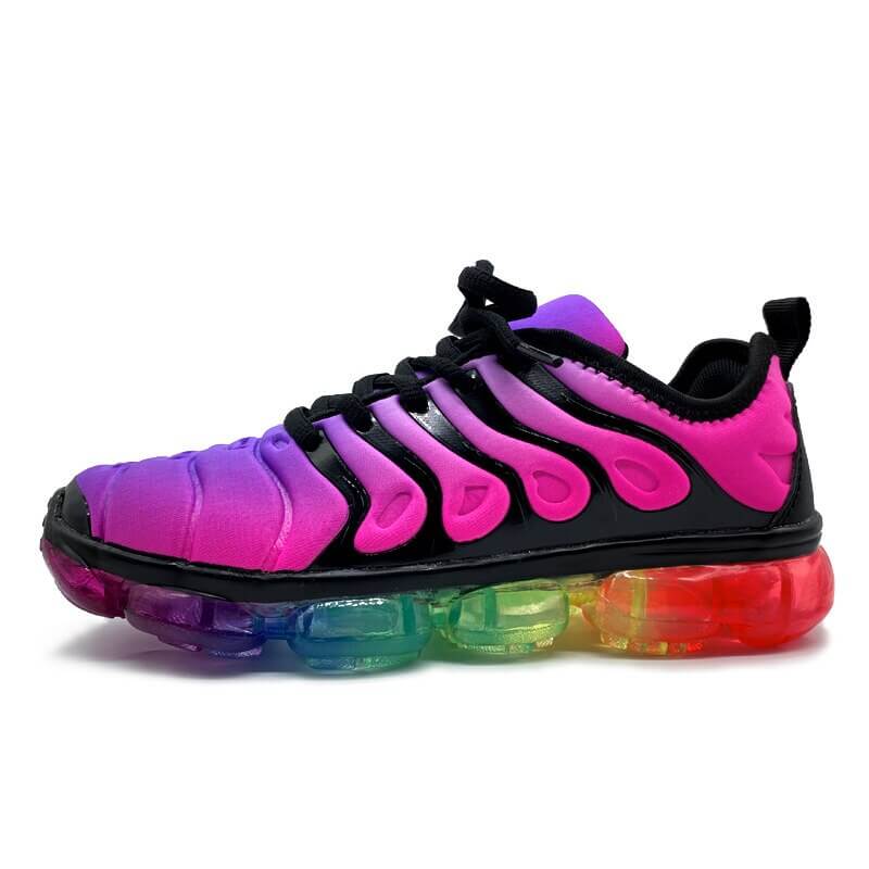 Vibrant pink and black running sneakers with colorful bubble sole, perfect for summer workouts and stylish exercise.