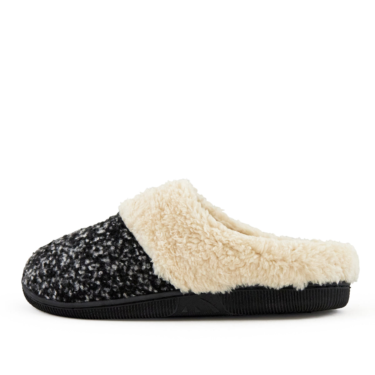 Grey knit slippers with faux fur cuff, side view