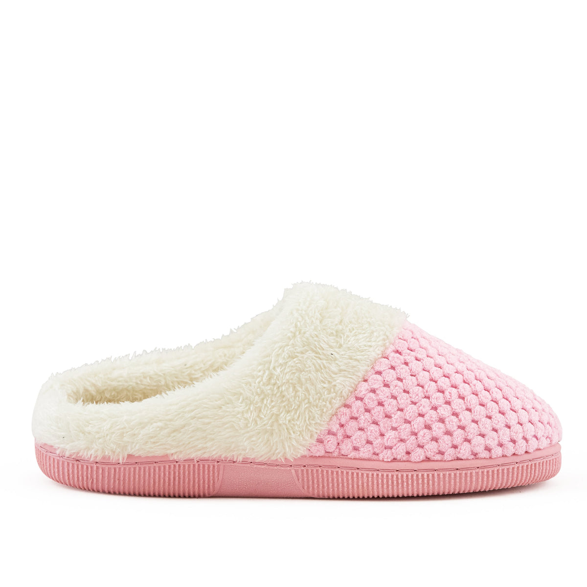 Pink knit slippers with faux fur cuff, detail view