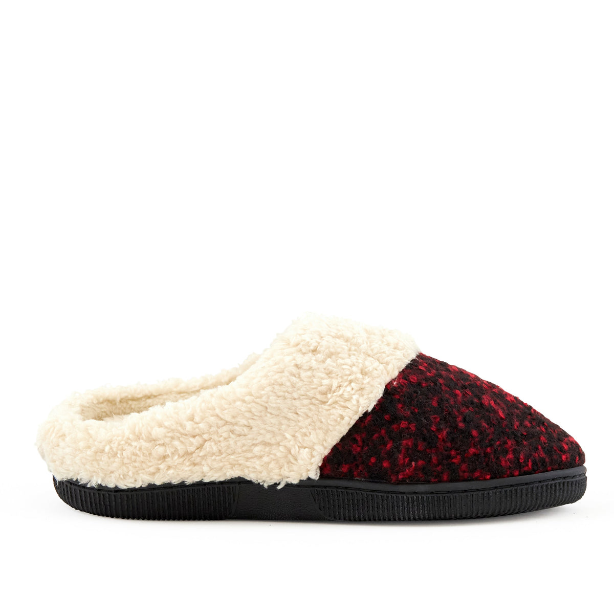 Wine red knit slippers with faux fur cuff, top view