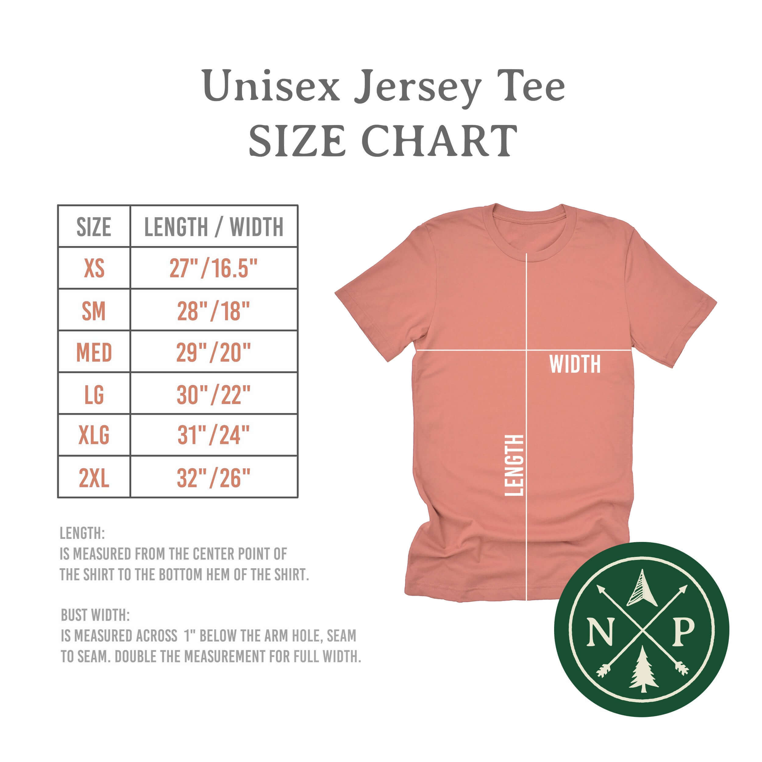 Size chart for unisex jersey tee featuring measurements for XS to 2XL in a clear, easy-to-read layout.