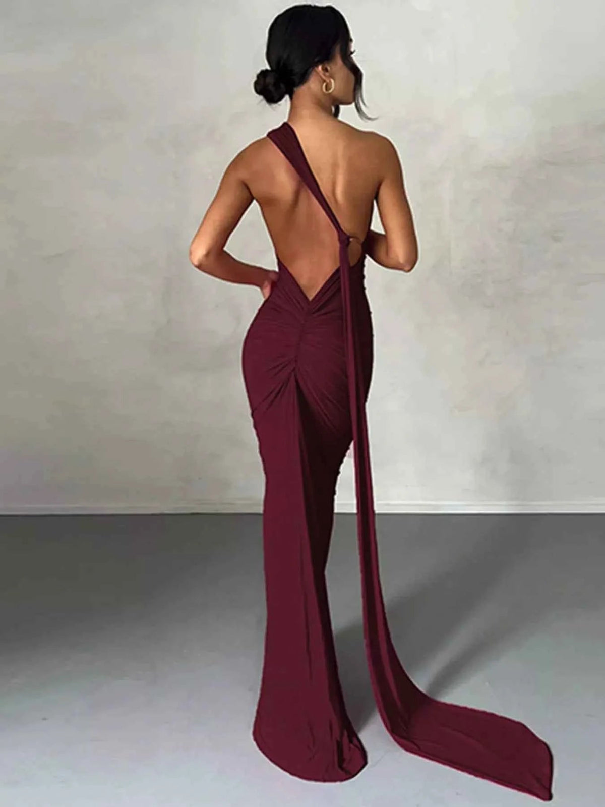 Backless halter ruched bodycon maxi dress, view 2