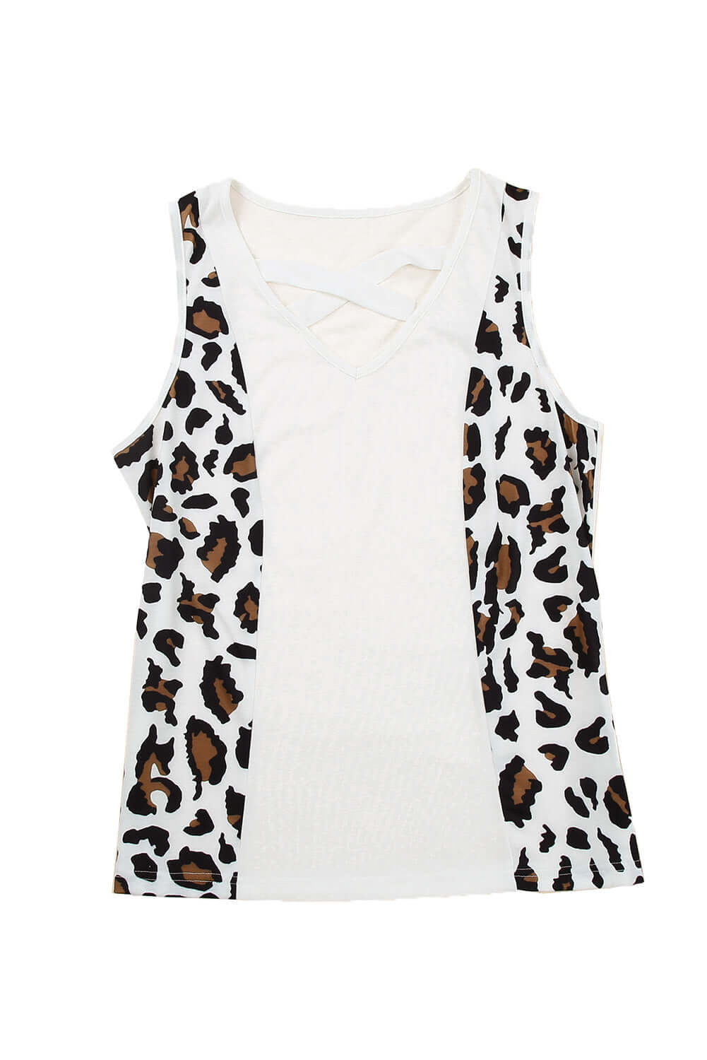 Crisscross Leopard Splicing Tank Top with bold leopard print and sleeveless design, perfect for a stylish summer look.