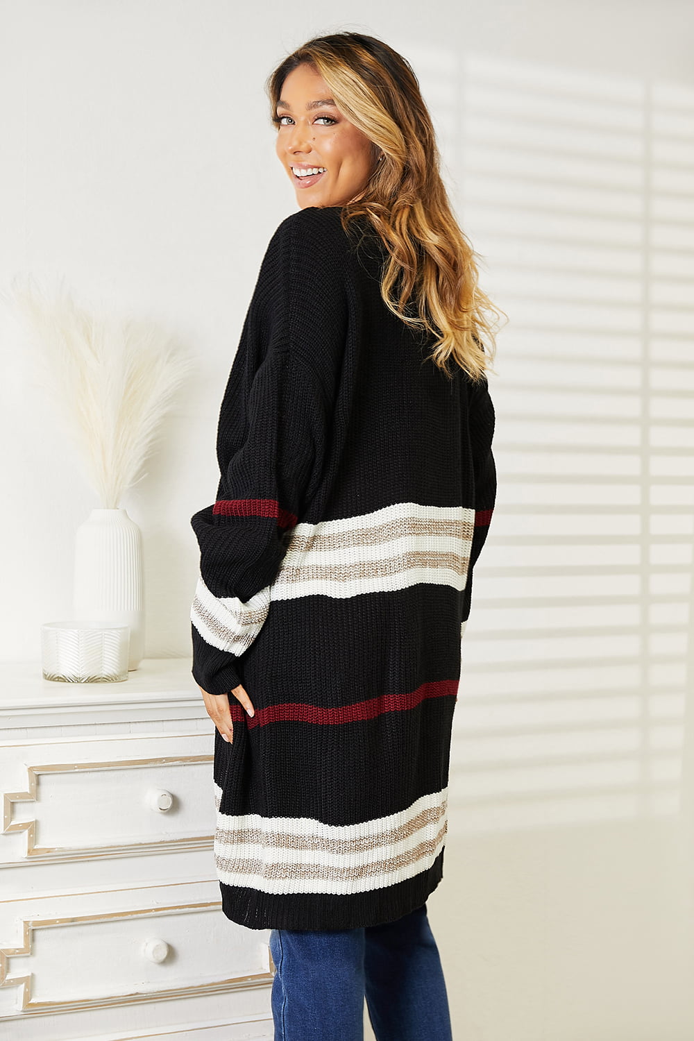 Striped knit open-front cardigan, view 2