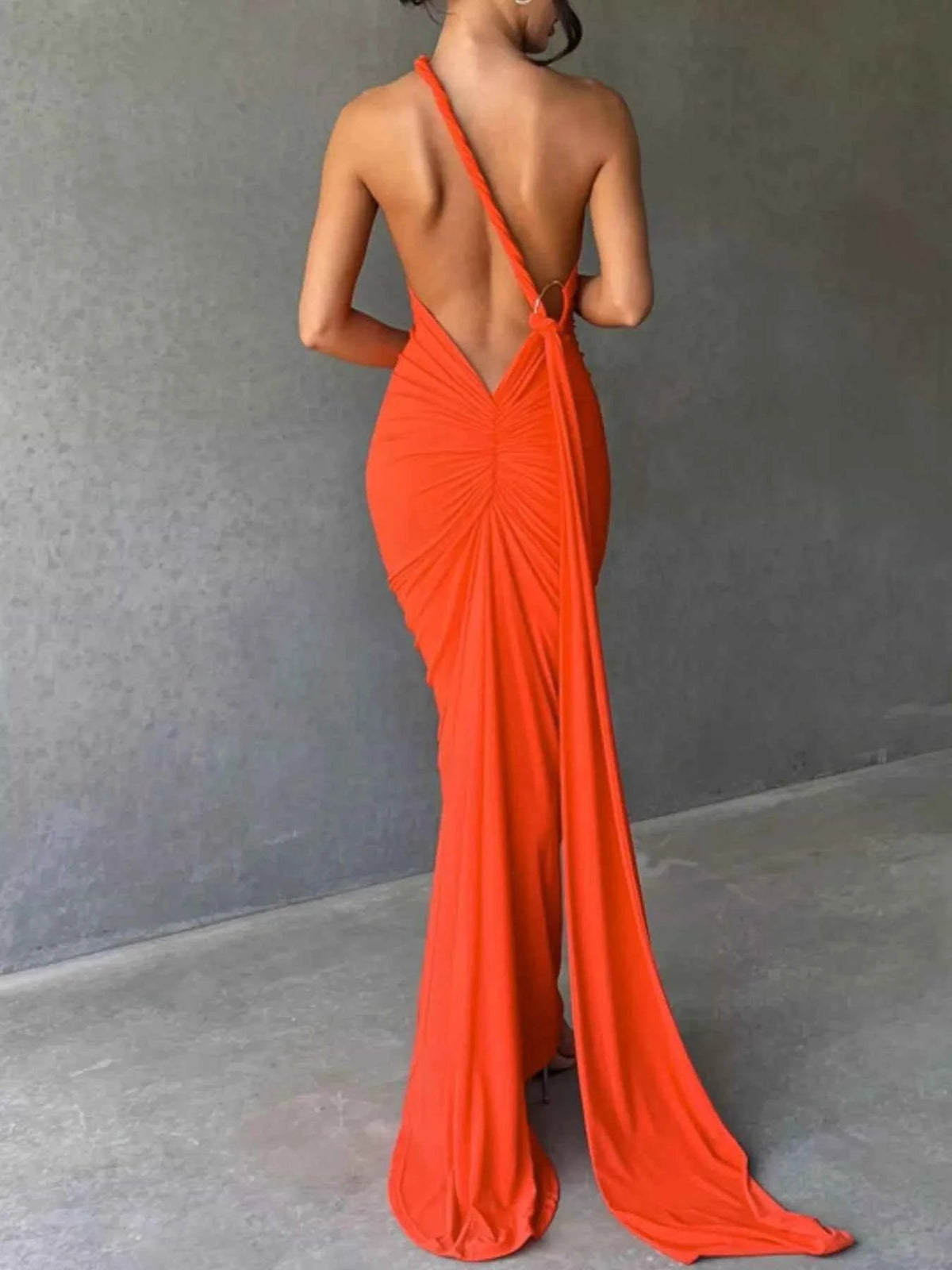 Backless halter ruched bodycon maxi dress, view 16
