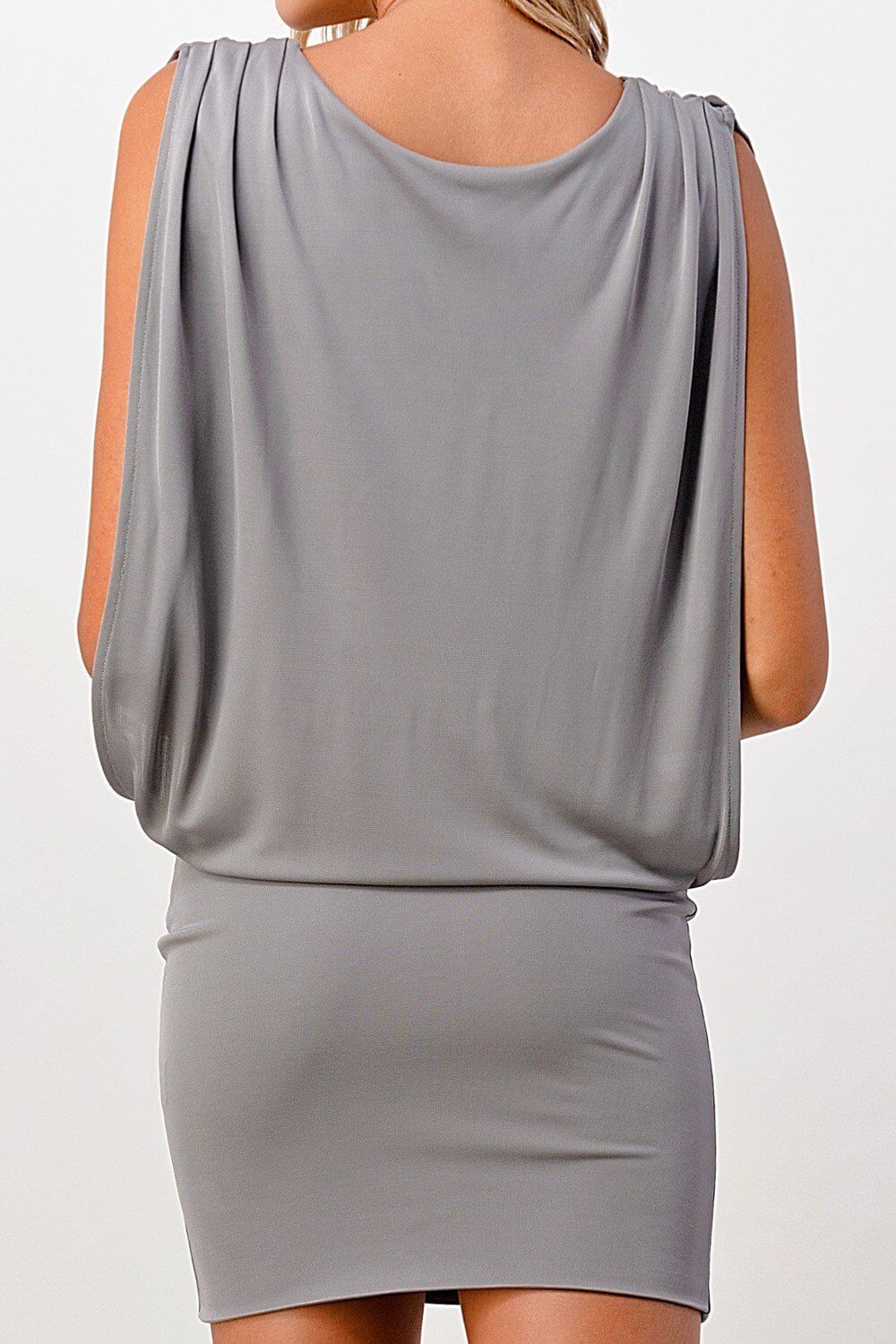 Back view of a sleeveless draped mini dress in gray, showcasing elegant draping and a fitted silhouette.