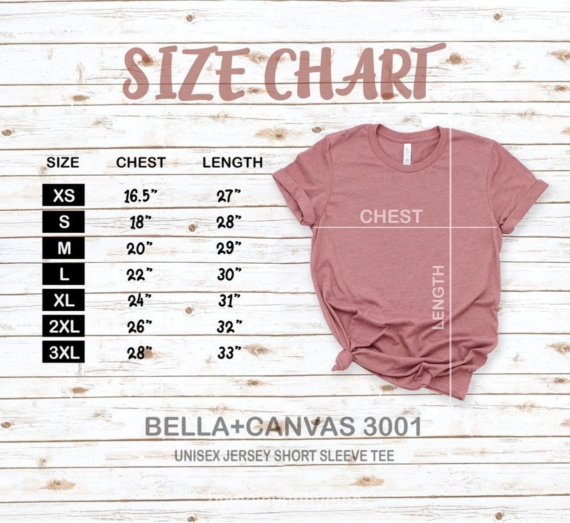 Summer Nights T-Shirt size chart showing measurements for unisex short sleeve tees in various sizes.