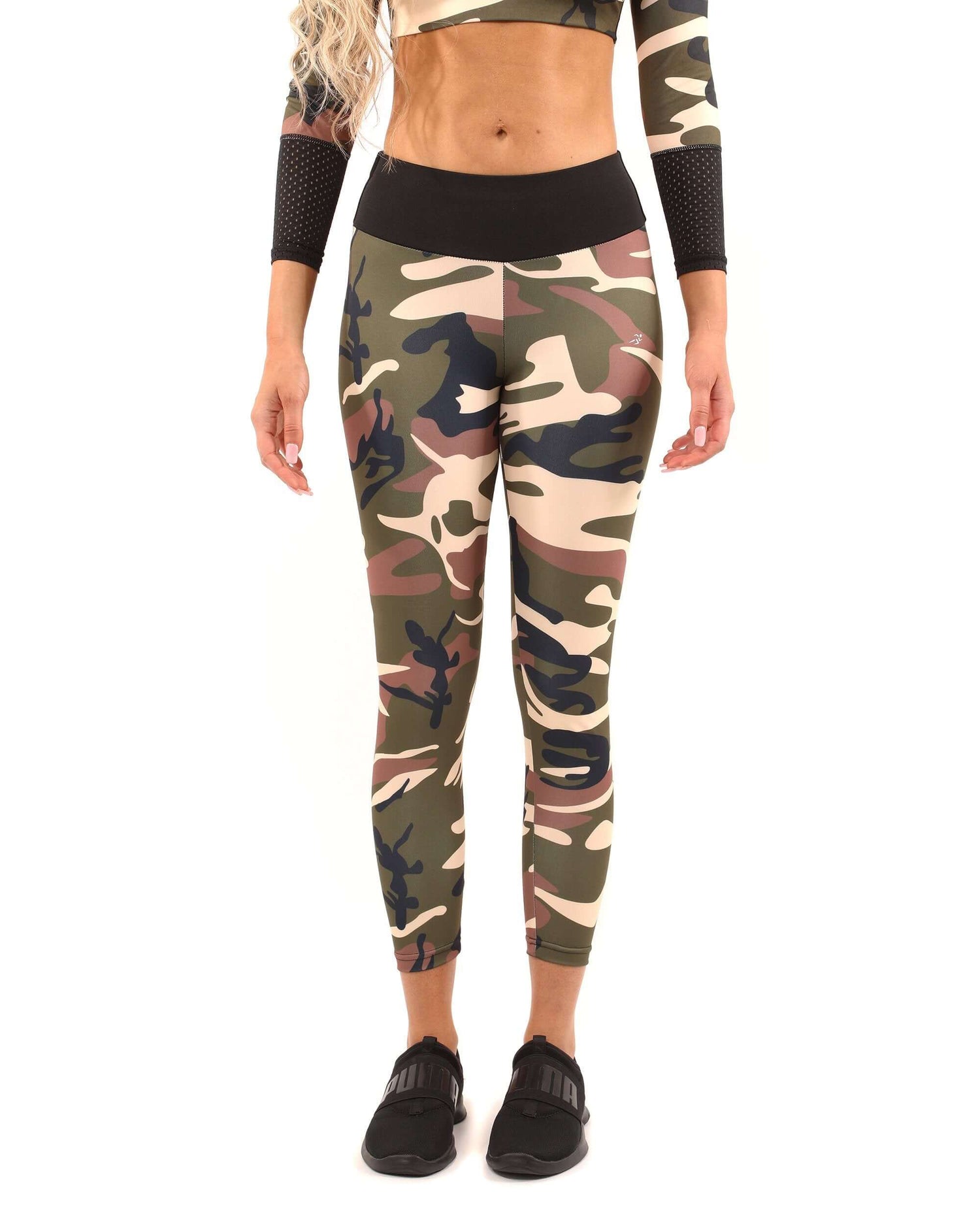 Savoy Active Virginia Camouflage Leggings in brown and green, featuring form-fitting compression for workouts.