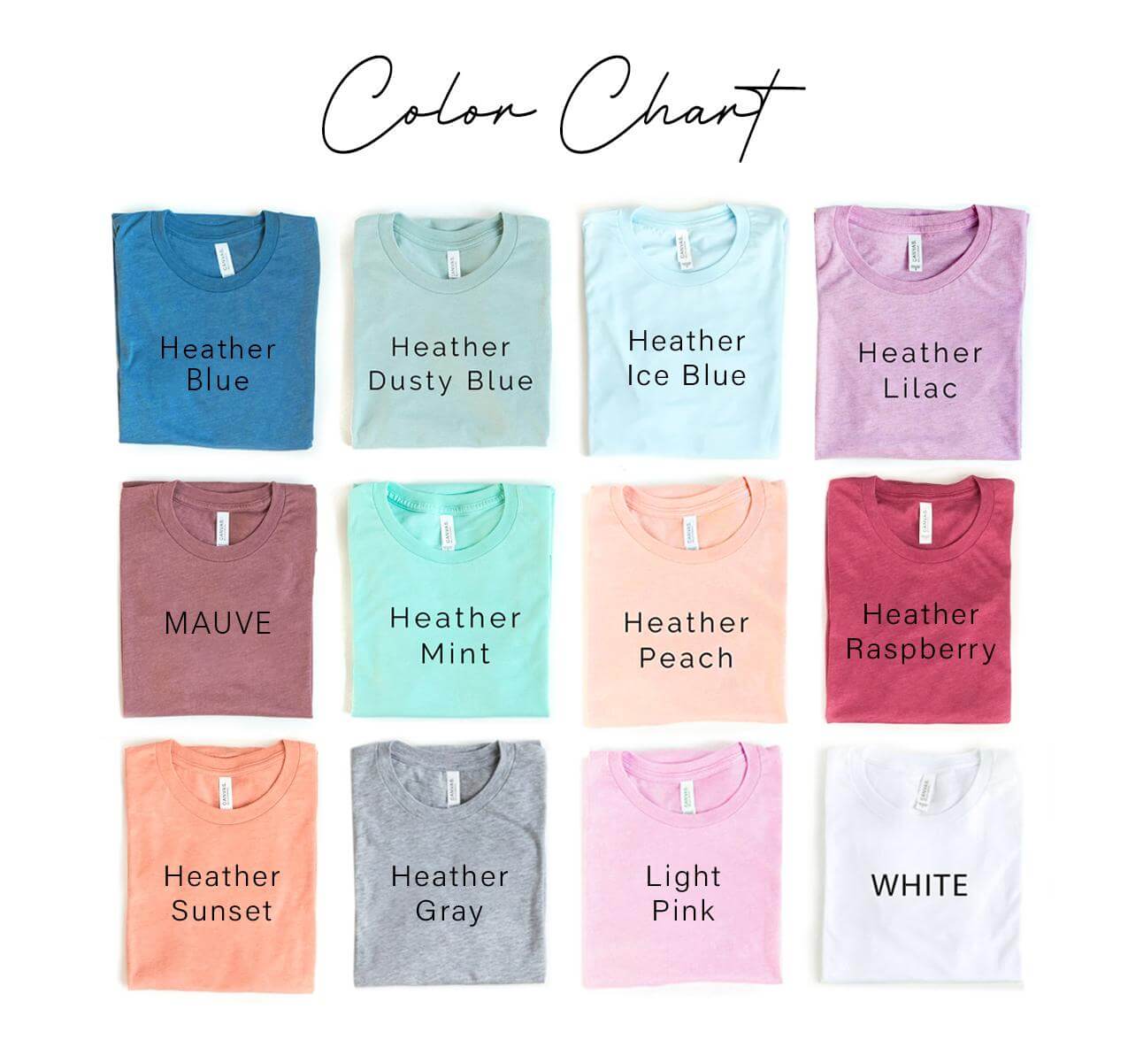 Color chart showing various t-shirt colors including Heather Blue, Lilac, and more for stylish beach vibes.