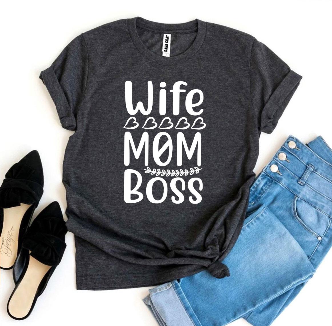 Wife Mom Boss T-shirt in dark grey, perfect for multitasking queens, styled with denim shorts and chic black flats.