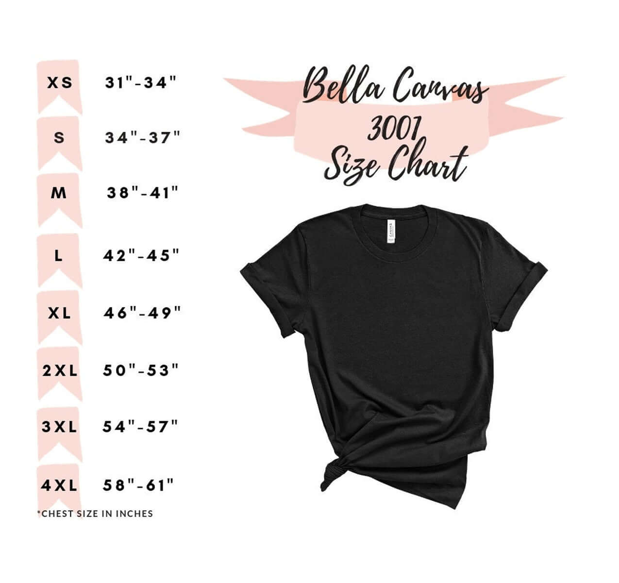 Bella Canvas 3007 size chart with measurements for different t-shirt sizes from XS to 4XL.